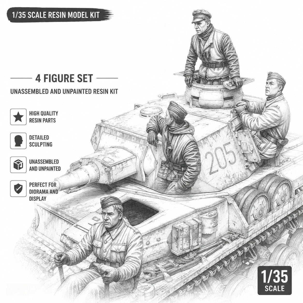 1: 35 Casting Resin Model Kit, Gk, 4-person Resin Grey Assembled Model, Unpainted