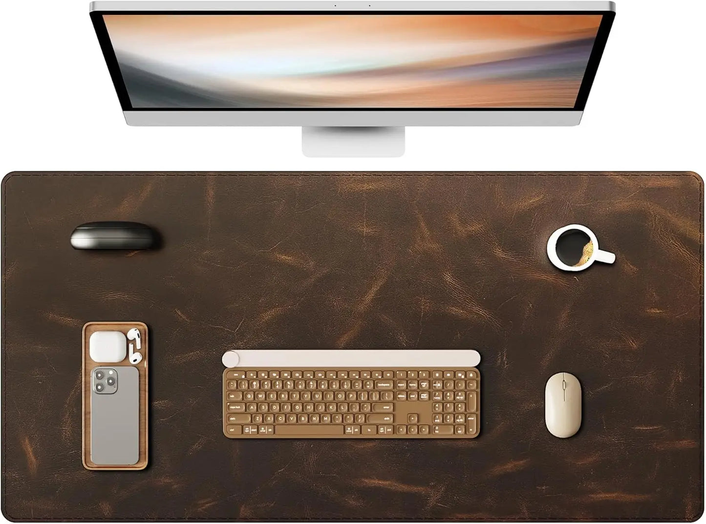 YSAGi Crazy Leather Desk Mat, Real Leather Desk Pad,3mm Thick Desk Blotter with Stiched line, Oil-Wax Feel Mouse pad for Office