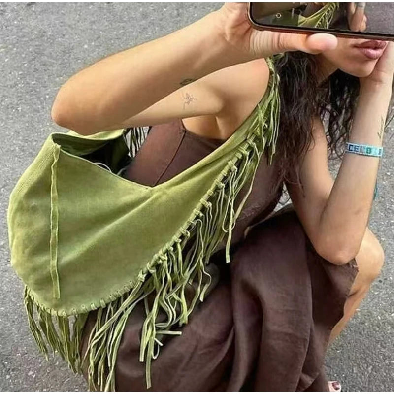 Green Retro Tassel Women Armpit Bag Suede Design Dumpling Shoulder Bag W.Cowboy