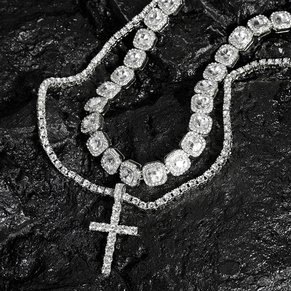 Hip Hop  Iced Out Tennis Chain Cross Necklace Men Women 2Pcs Bling Miami Cuban Chain Necklace Set Iced Out Chain Jewelry Gift