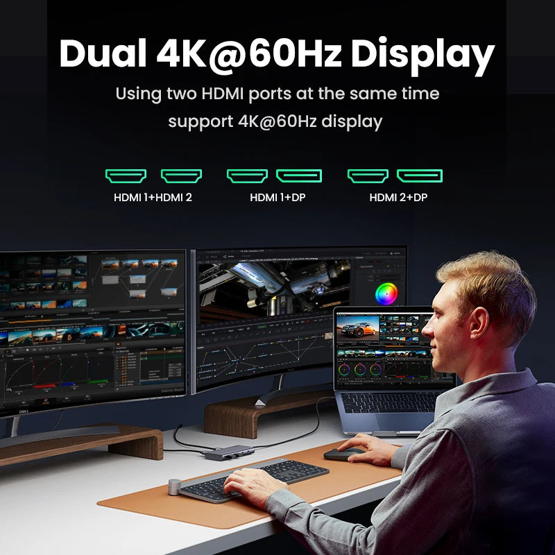Triple Display USB C HUB 10Gbps 4K HDMI Adapter 8-in-1 Splitter with HDMI DP