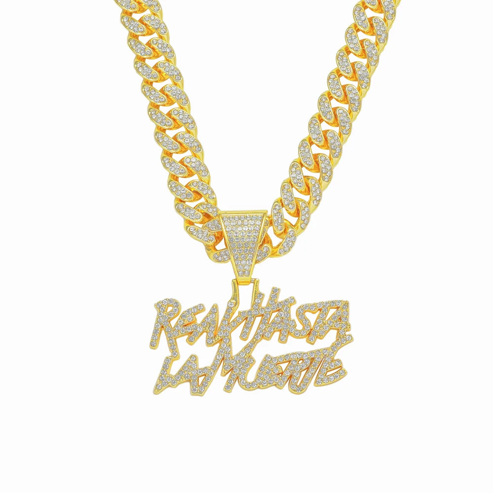 Men Hip Hop Double Row Spliced Letters Pendant Necklace with 13mm Cuban Chain Hiphop Iced out Necklace Fashion Punk Jewelry Gift