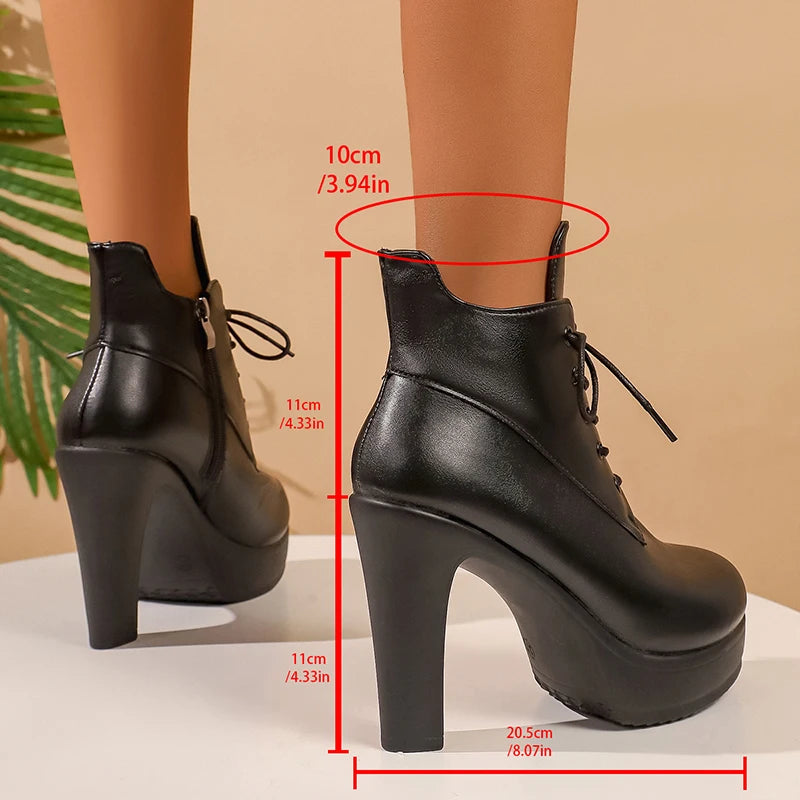 Black Lace Up Super High Heels Ankle Boots Women Fashion Thick Heel Pu Leather Short Booties Mujer Chunky Platform Boots 36-43