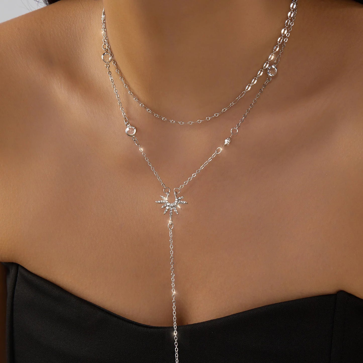 Fashion Gold Color Y-Shaped Pendant Necklaces For Women Luxury Zirconia Sun Geometric Long Tassel Choker Jewelry Birthday Gifts