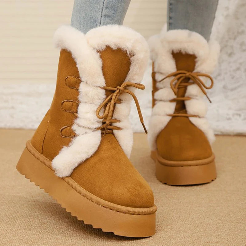 Lace Up Long Plush Snow Boots Women Plus Size 42 Thick Sole Warm Cotton Padded Shoes Woman Thicken Fleece Ankle Boots Female