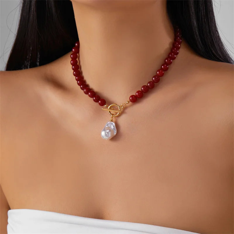 Elegant Baroque Imitation Pearl Pendant Beaded Choker Necklace Irregular Crystal Natural Stone Chain Women Fashion Jewelry Gift