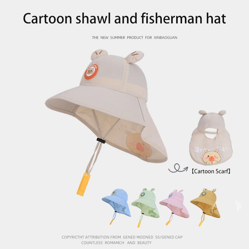 2263-Summer children's hats for boys and girls, outdoor sun protectionhats,cartooncutewhistlesunhats,widebrimshawlfishermanhats.