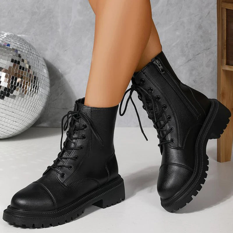 2025 Fashion Leather Lace-Up Ankle Boots for Women Wear-Resistant Zip Platform Woman Bootie Round Toe Zip Women's Boots