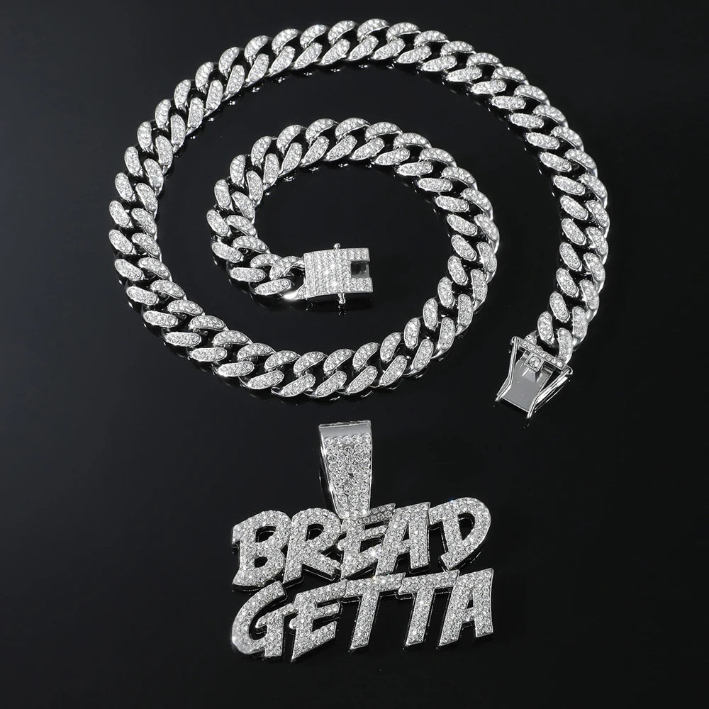 Men Hip Hop BREAD GETTA Letter Pendant Necklace with Cuban Chain Iced out Bling Tennis Chain Necklaces For Rapper Cool Jewelry