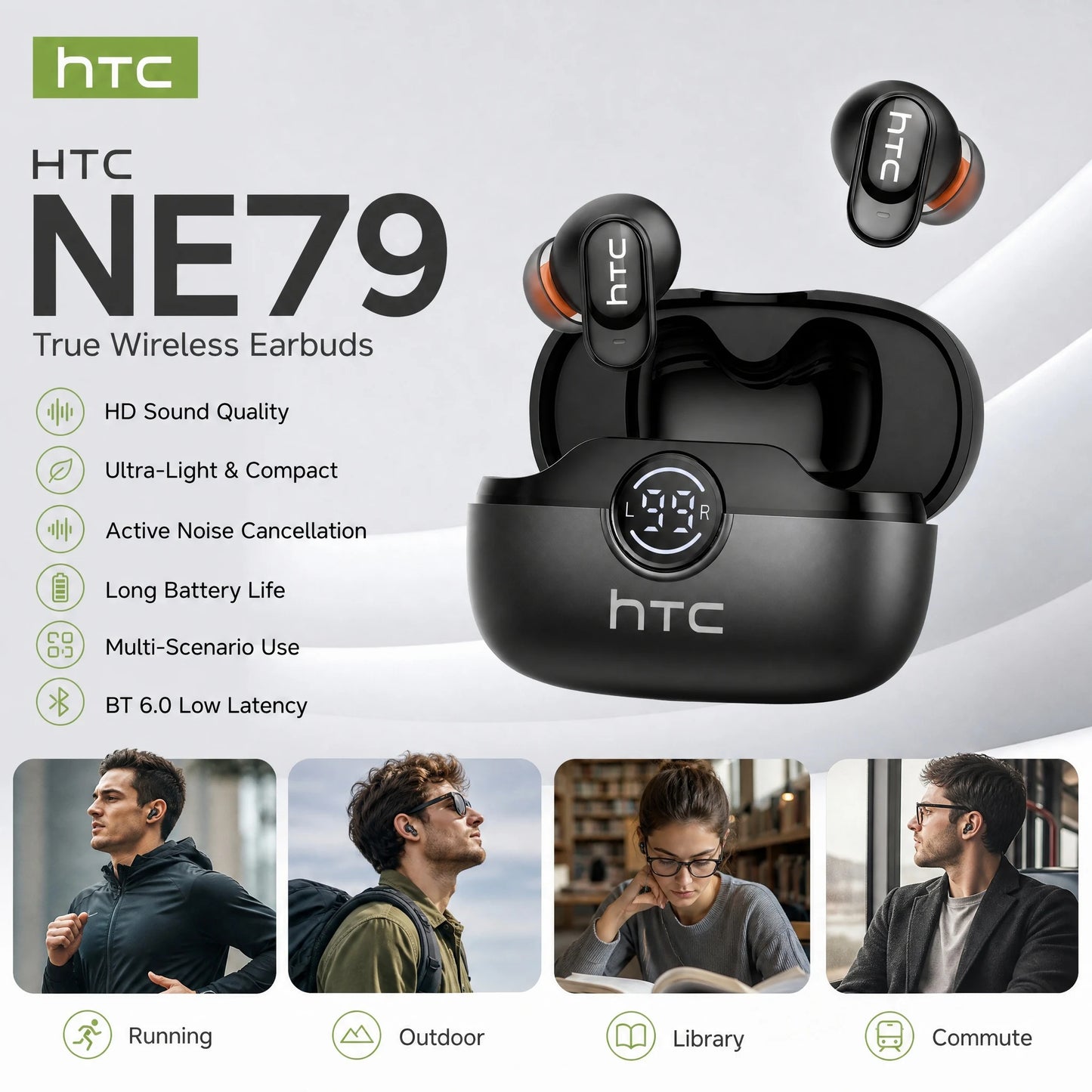 HTC NE79 Bluetooth Earphones Comfort Wireless Headphones Premium Sound Quality Sports Gaming Long Battery Soft In-ear Earbuds