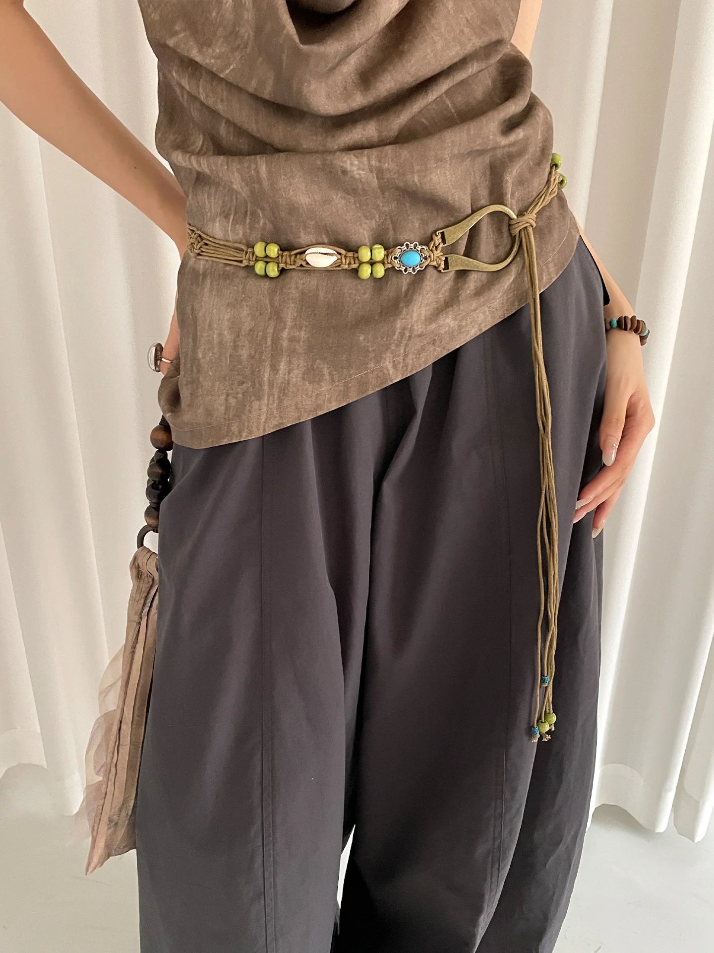Bohemian Woven Shell Beads Brown Waist Rope Female Minority Retro Ethnic Style With Skirt Thin Waist Belt Accessory