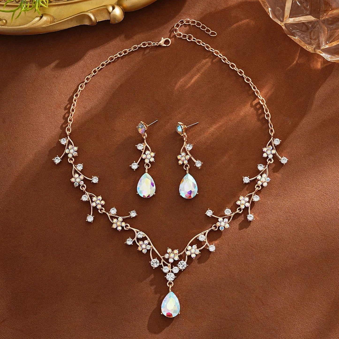 Elegant Pink Floral Rhinestone Jewelry Set for Women Gold Tone Teardrop Pendant Necklace Drop Earrings Bridal Prom Accessories