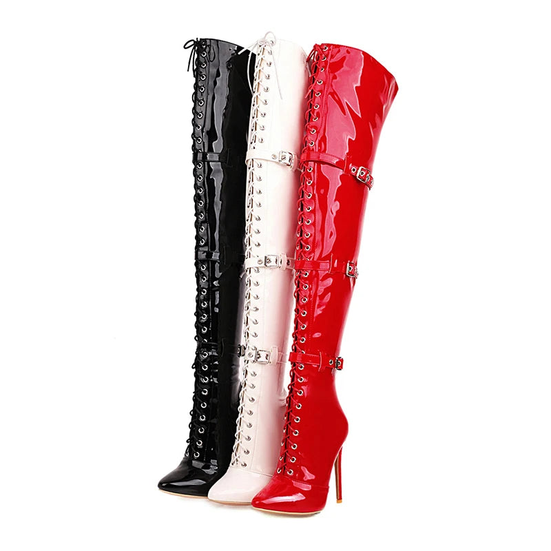 Sexy Red Thin High Heels Over The Knee Boots Women Cross Tied Pointed Toe Thigh High Boots Woman Patent Leather Long Botas 33-46