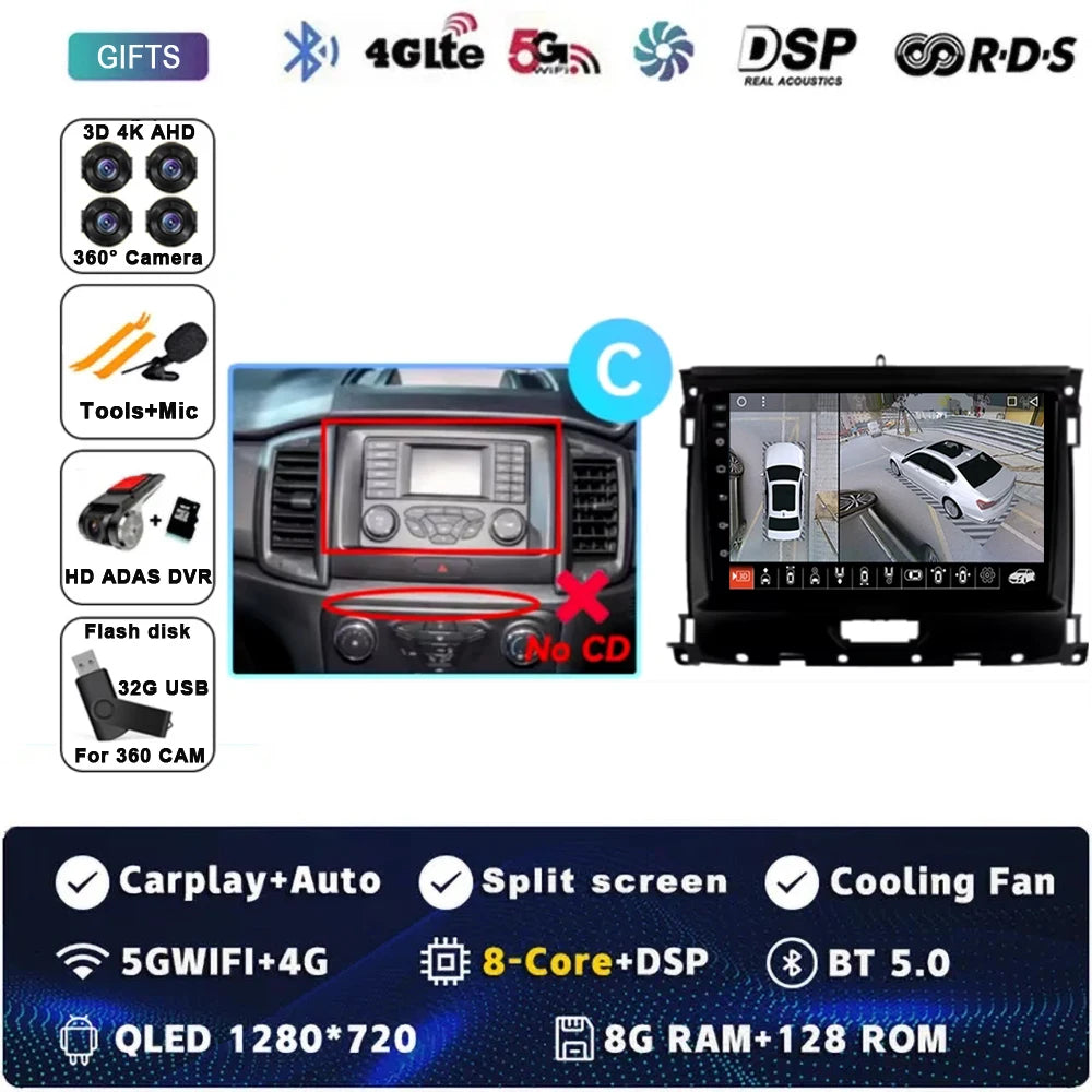 For Ford Ranger 2015 2016 2017 2018 2019-2022 Android 16 Car Radio Stereo QLED Screen GPS Multimedia Carplay Autoradio Head unit