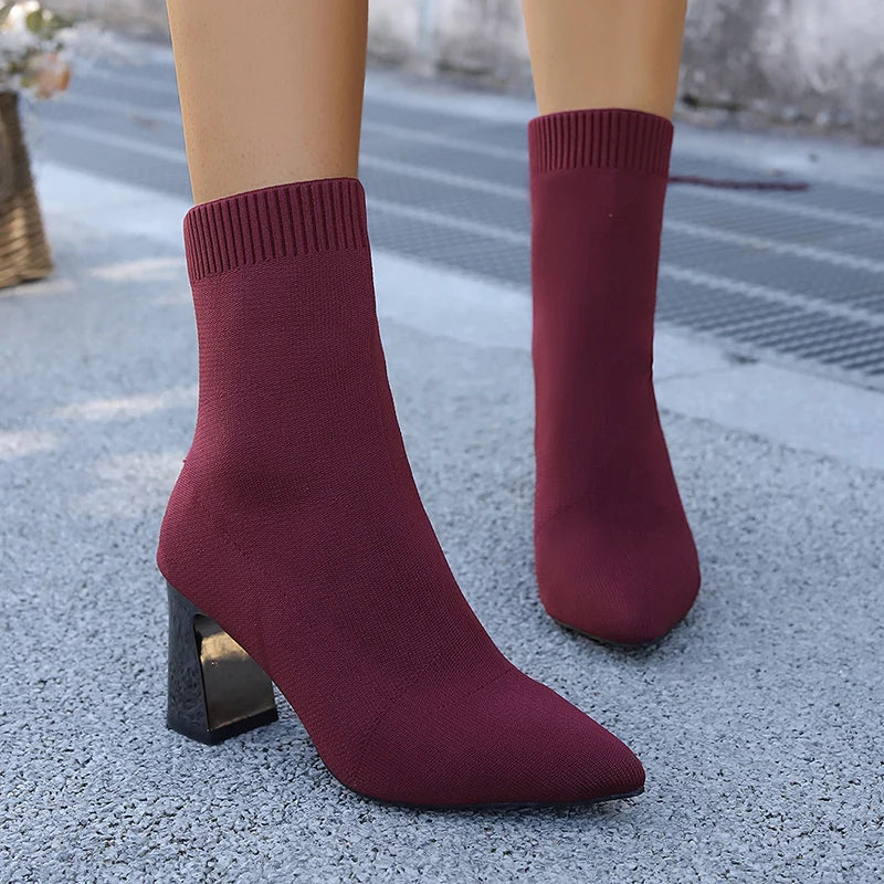 Autumn Winter Knitted High Heel Boots Women 2025 Sexy Pointed Toe Ankle Boots Woman Plus Size 36-43 Thick Heels Booties Mujer