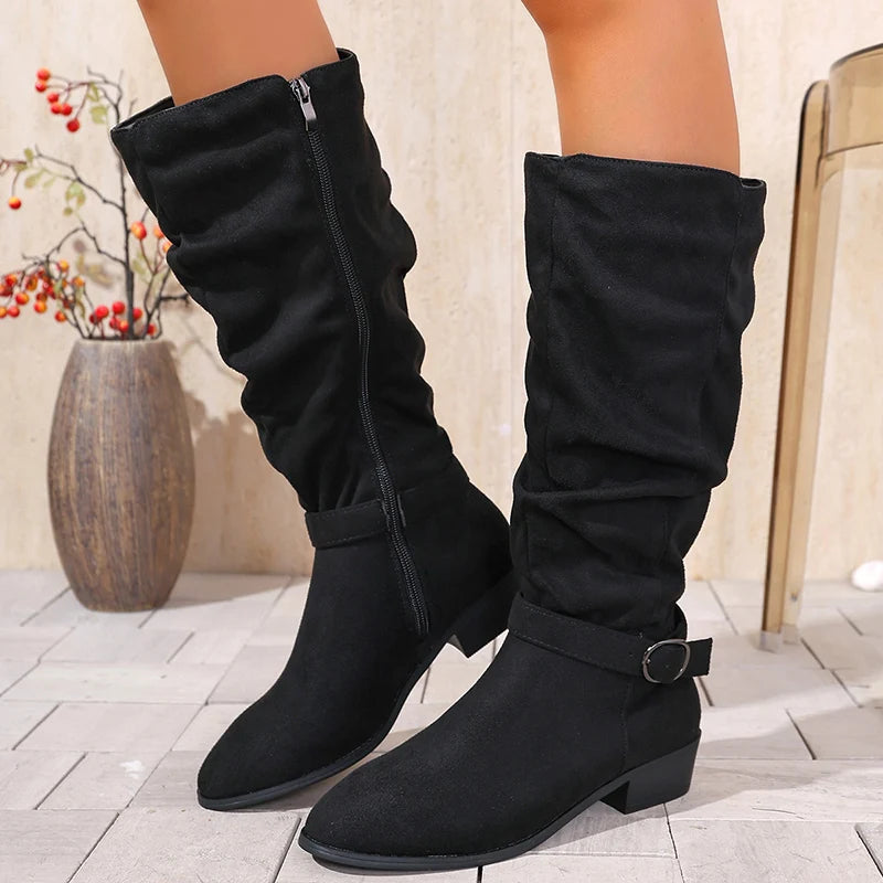 Pleated Design Block Heel Knee High Boots Women Plus Size 36-42 Zipper Long Boots Woman 2025 Fashion Buckle Flock Botas Mujer