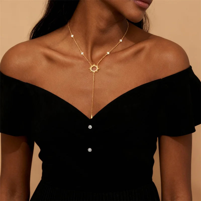 Fashion Gold Color Y-Shaped Pendant Necklaces For Women Luxury Zirconia Sun Geometric Long Tassel Choker Jewelry Birthday Gifts