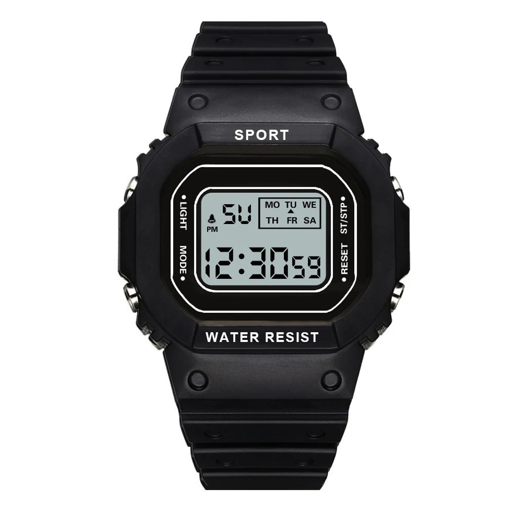 Black Sports Watch, LED Square Digital, Waterproof Rubber Men, Women