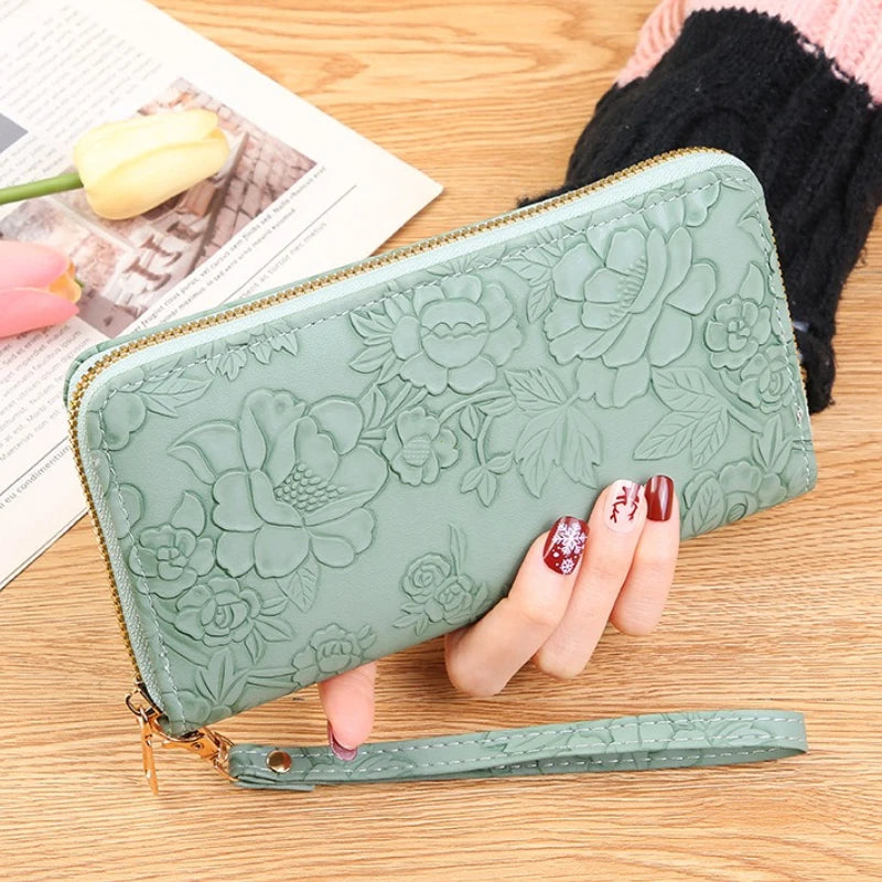 2026 New Floral Embossed Long Wallet PU Leather Credit Card Holder Simple Trendy Phone Bag Coin Purse for Women Hand-held Wallet