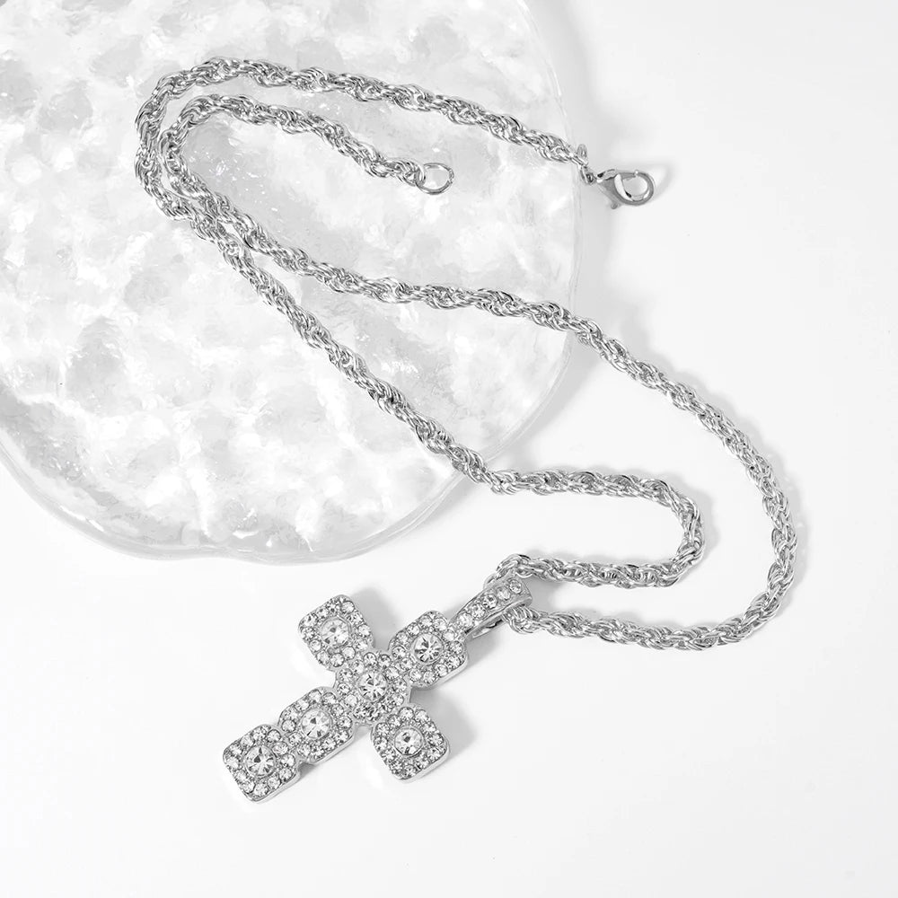 New Hip Hop Cross Pendant Necklace Strap Men 4mm Rhinestone Tennis Chain Iced Out Necklace Punk Jewelry Women Fashion Gift