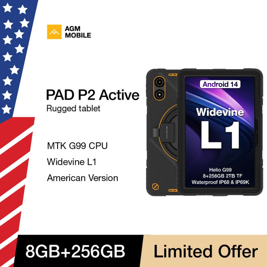 American AGM PAD P2, 11" FHD Rugged Tablet, Waterproof, 8GB+256GB, Android 14