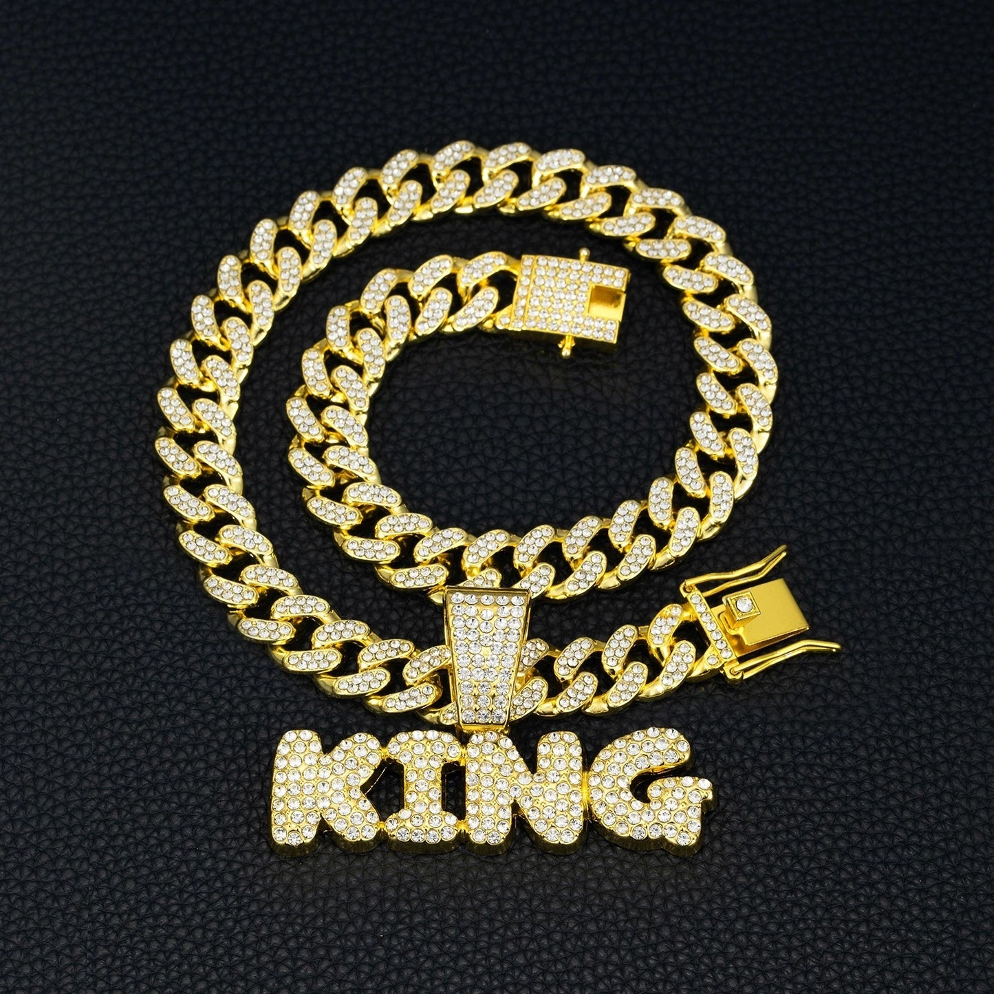 Men Hip Hop Bling KING Letter Pendant Necklace With Miami Cuban Link Chain Full Crystal  Necklaces Men Male Hiphop Charm Jewelry