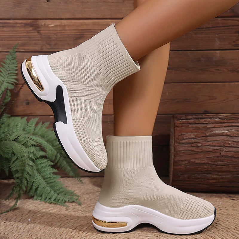 2025 Thick Bottom Knitted Ankle Boots Women Comfort Breathable Platform Sock Shoes Woman Plus Size Wedges Short Booties Mujer
