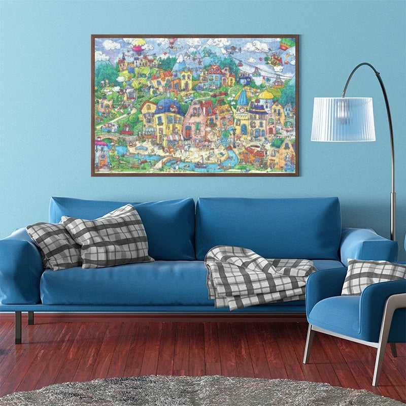 70*50cm Adult 1000 Pieces Jigsaw Puzzle Happy Town Beautiful Landscape Paintings Stress Reducing Toys Christmas Gifts
