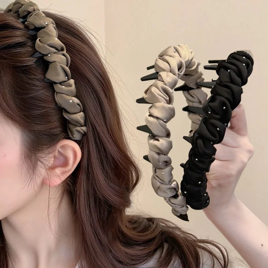 Elegant Pleated Fabric Headband for Woman Temperament Korean Style Rhinestones Toothed Non-slip Hair Band Fashion Girls