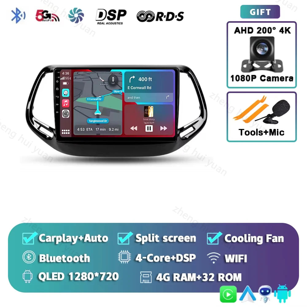 2K QLED For Jeep Compass 2 MP 2016 - 2018 Android 15 CarPlay Auto Car Radio Multimedia Video Player GPS stereo Head Unit 4G WIFI