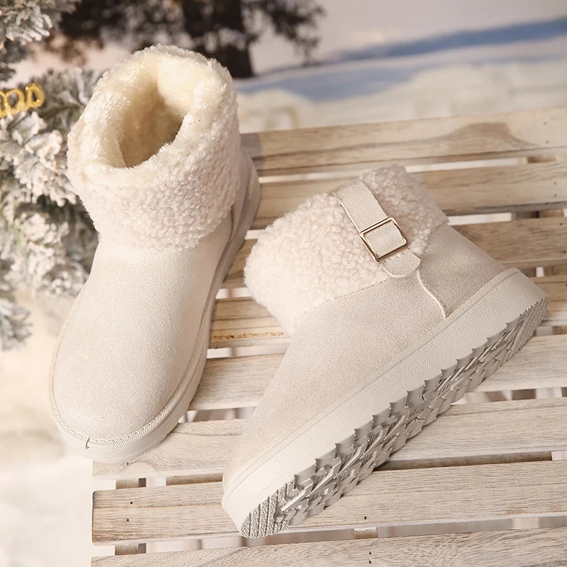Buckle Decor Women's Platform Snow Boots 2025 Winter Non Slip Warm Plush Ankle Boots Women Comfort Slip On Cotton Shoes Woman