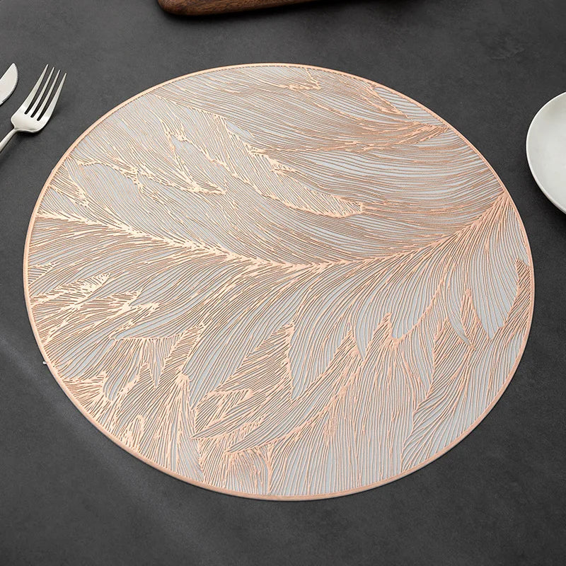4pcs Round PVC Heat-Resistant High Quality Placemats, Elegant Golden Leaf Design, Leakproof Table Protectors for Dining, Kitchen