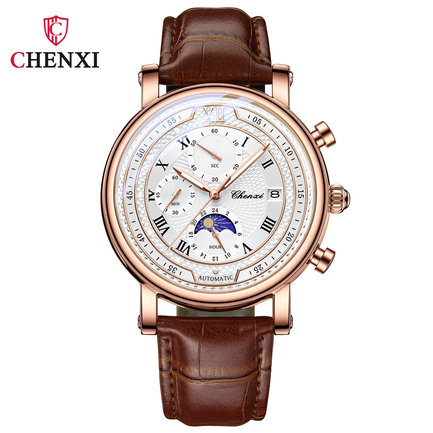 Chenxi Men Leather Chronograph Phase of The Moon Luminous Quartz Watch RoseShell