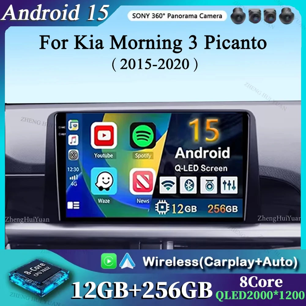 Android 15 For Kia Morning 3 Picanto 2015-2020 2K QLED Android Car Radio Multimedia Video Player GPS Stereo 4G CarPlay Head Unit