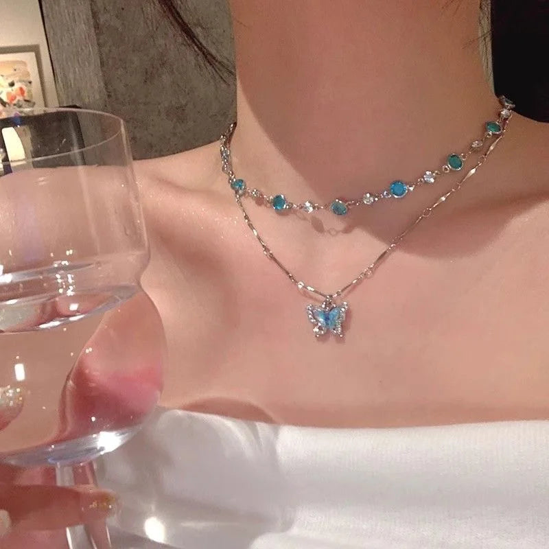 Exquisite Luxury Crystal Zircon Butterfly Necklace for Women Elegant Double Layer Clavicle Chain Choker Party Wedding Jewelry