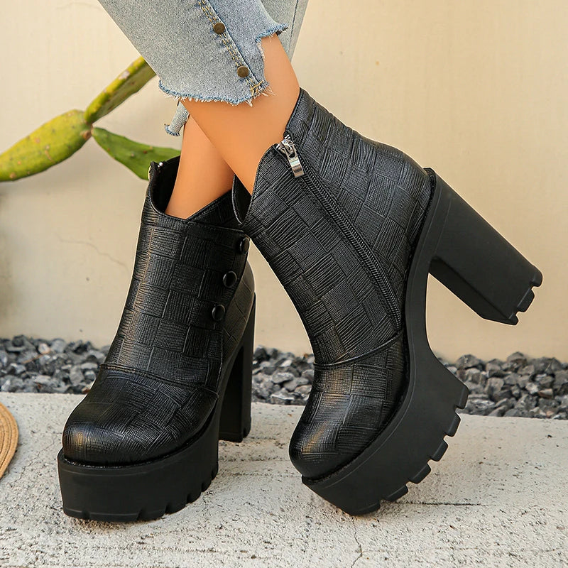 Fashion Black High Heels Ankle Boots Women Plus Size 42 Chunky Platform Short Booties Mujer Pu Leather Thick Heeled Boots Woman