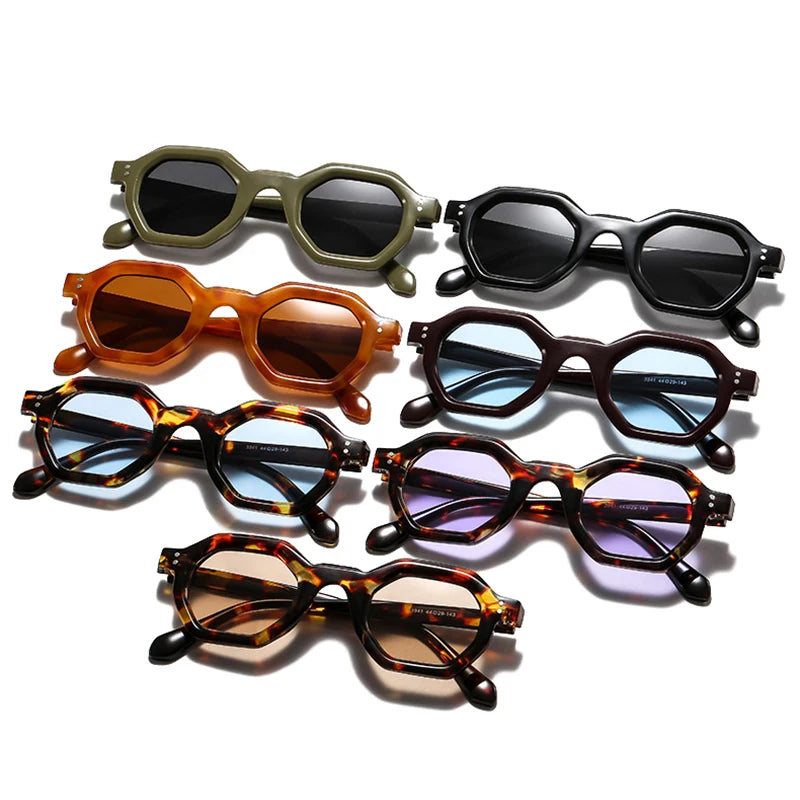 JNPCXI New Fashion Polygon Small Square Women Sunglasses Retro Rivets Men Leopard Blue Shades UV400 Trending Sun Glasses