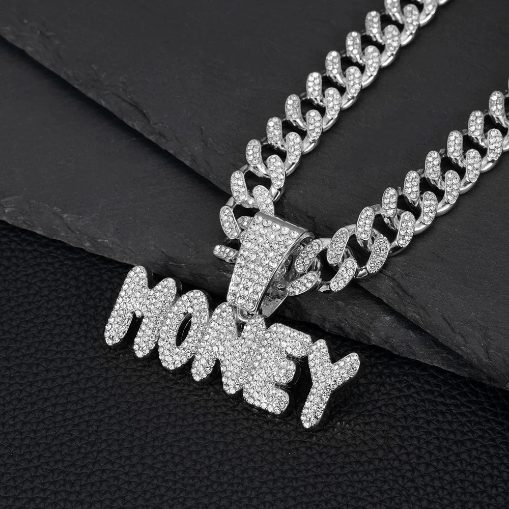 Men Women Hip Hop Bling MONEY Letters Pendant Necklace with Miami Cuban Chain Iced Out Bling HipHop Necklaces Male Charm Jewelry
