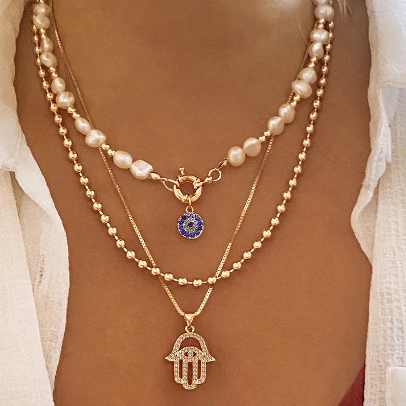 Classic Turkish Evil Eye Pendant Necklace for Women Men Vintage Lucky Blue Eyes Palm Sun Multilayer Neck Chain Choker Jewelry