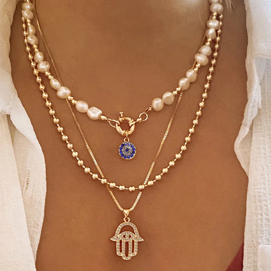 Turkish Evil Eye Palm Hamsa Hand Pendant Necklace For Women Vintage Gold Color Multilayer Chain Elegant Stacking Choker Jewelry