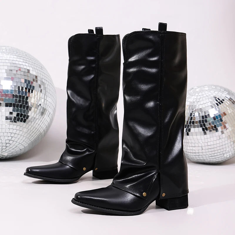 Fashion Pointed Toe Knee High Boots Women Plus Size 43 Streetwear High Heel Pants Boots Woman Black Pu Leather Long Botas Mujer