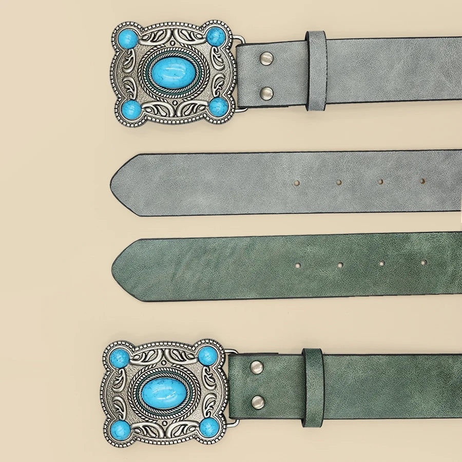 Bohemian Turquoise Square Buckle Belt - Premium Pu Waist Cincher with Minimalist Ethnic Design for Music Festivals & Dresses