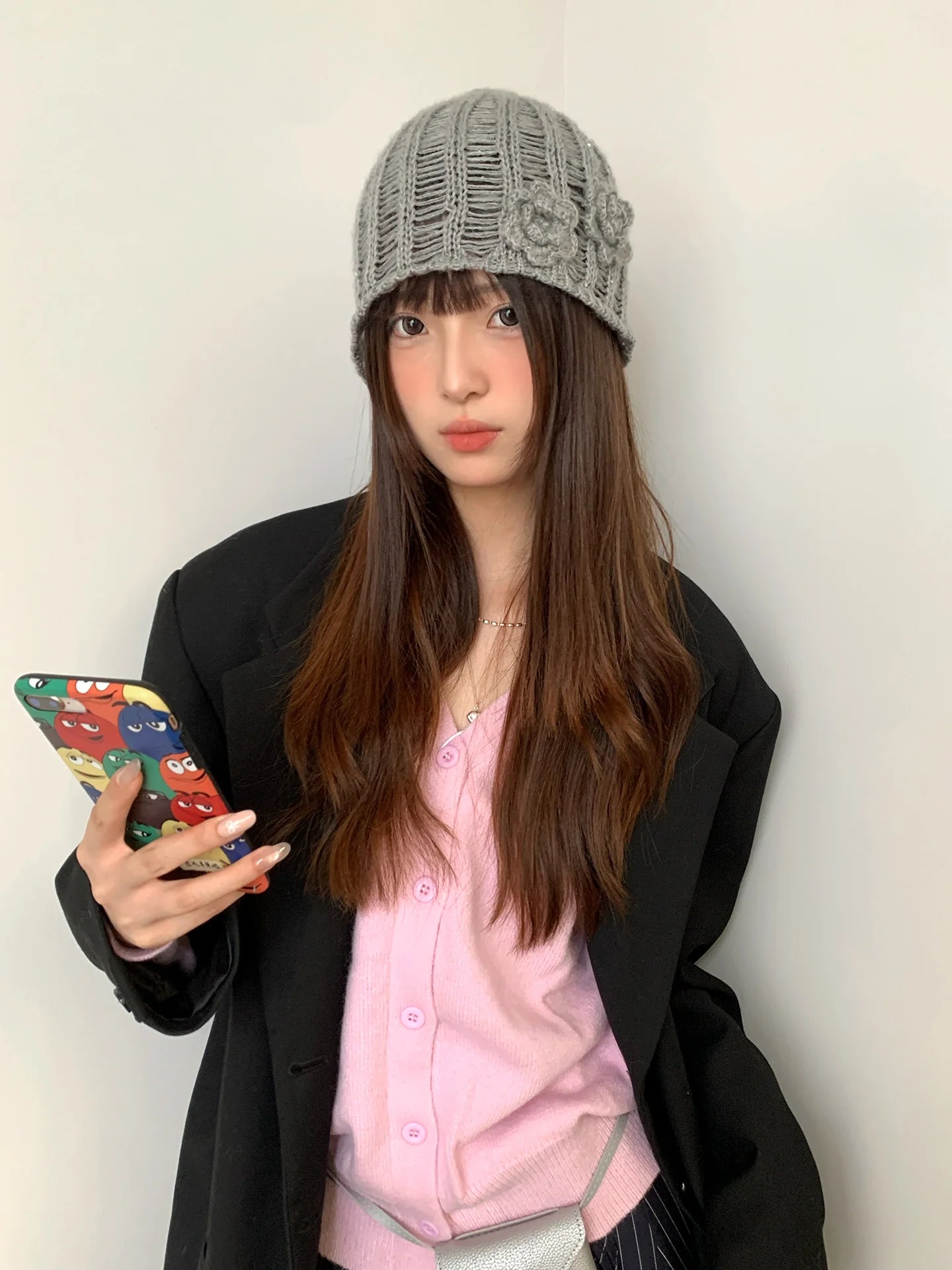 Retro Korean-Style Knitted Hat With Three-Dimensional Floral Cut-Outs Small-Scale Face-Flattering And Versatile For Summer
