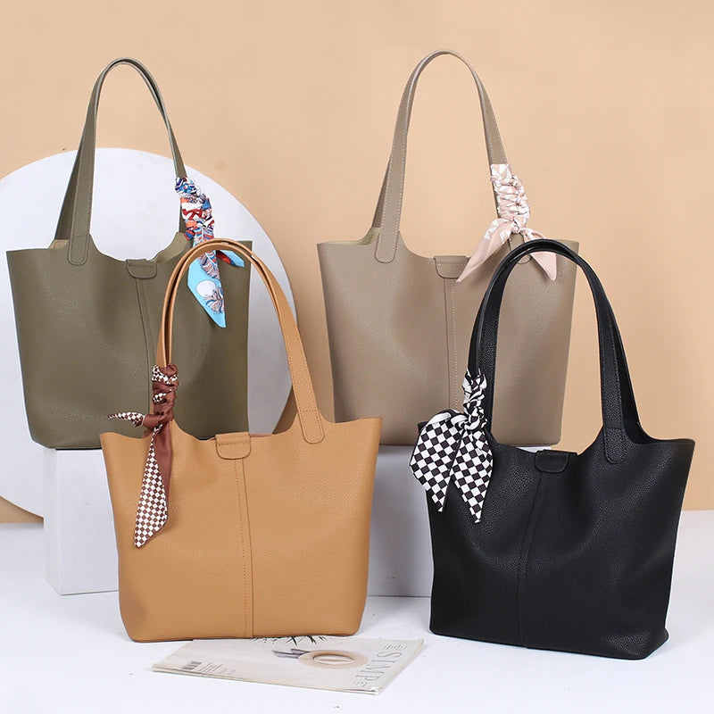 Genuine Cowhide Leather Tote Bag for Women Pebbled Leather Shoulder Bag with Removable Pouch&Silk Scarf Luxury Designer Handbag