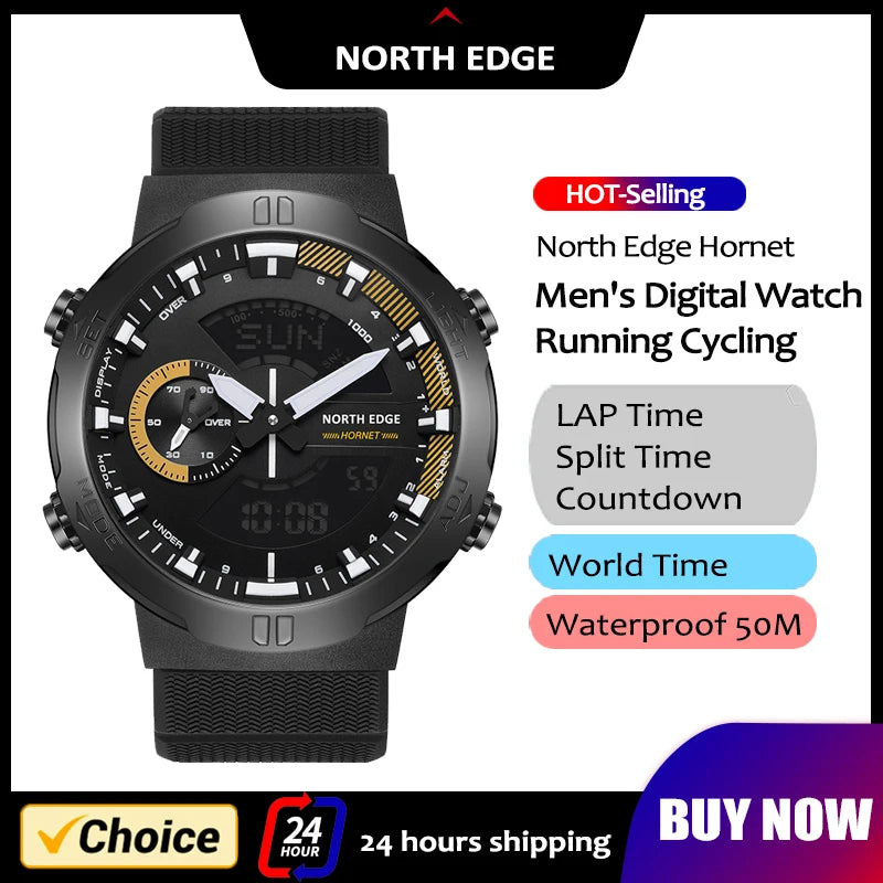 NORTH EDGE Men's Smart Watch Military Waterproof 50M World Time Stopwatch