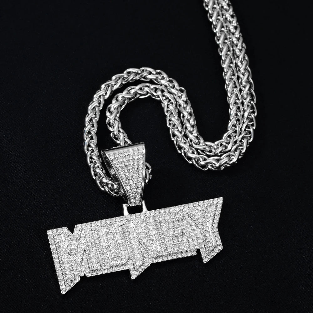 Men's Luxury Iced Out Bling Letter Money Pendants Necklace With Long Twist Rope Chain For Woman Men Hip Hop Jewelry Gift for Him