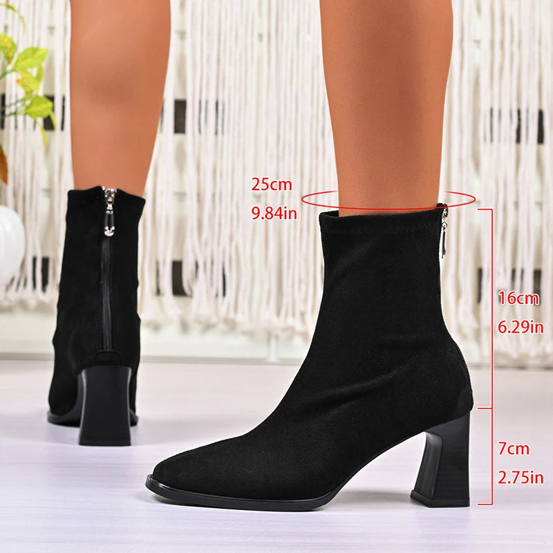Flock Thick High Heels Ankle Boots Women Plus Size 42 Back Zipper Short Booties Mujer Small Square Toe Fashion Boots Woman