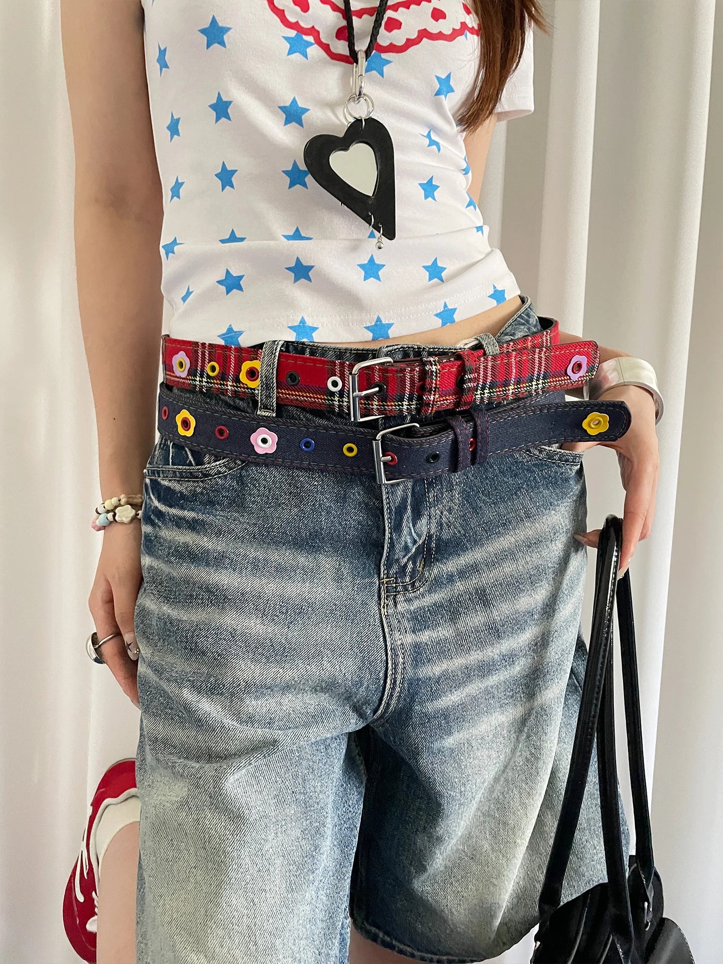 Y2k Dopamine Floral Red Plaid Waist Belt For Women Summer 2025 New Sweet Cool Hot Girl Denim Blue Belt