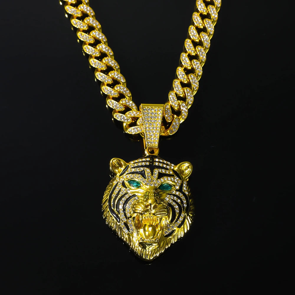 Men Hip Hop 3D Tiger Pendant Necklace with 13mm Crystal Cuban Chain Iced Out Bling Necklaces HipHop Women Fashion Charm Jewelry