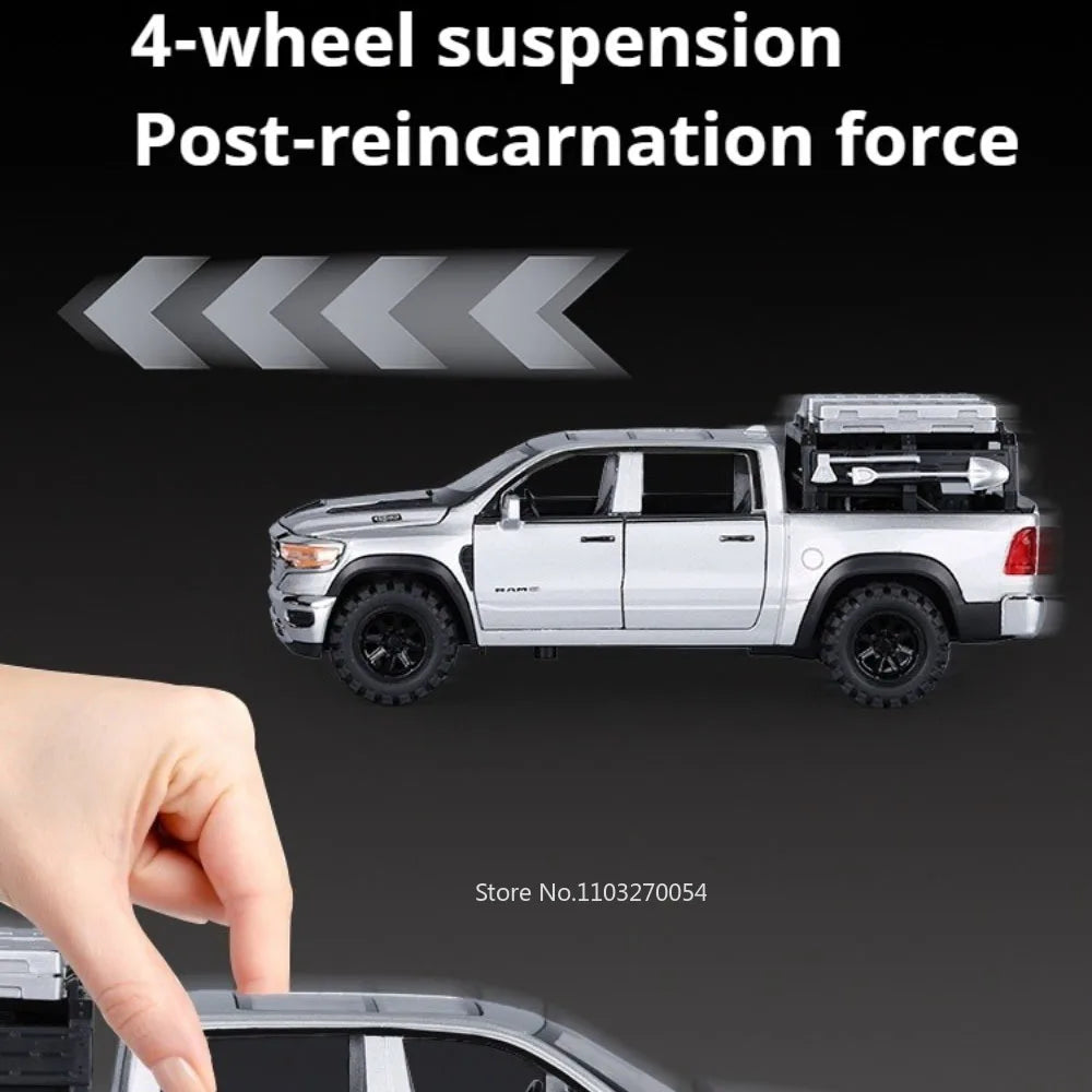 1:32 RAM Pickup Mammoth Off Road Vehicle Diecast Model Toy Alloy Car Sound Light Pull Back Doors Opened Models for Children Gift